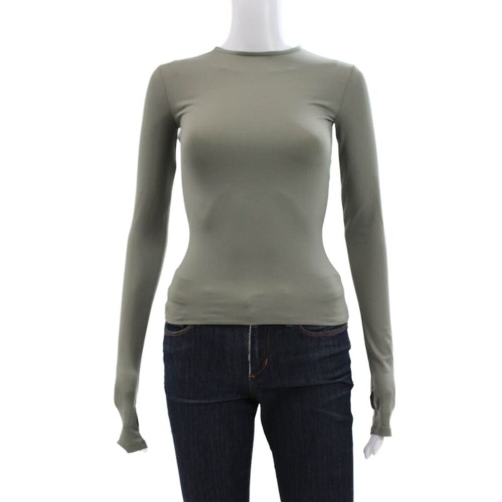 KHY Women Green Basic T-Shirt Long Sleeve Crew Neck Polyester Size XS